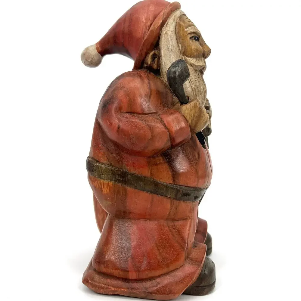 Vintage 80s Solid Wood Hand Carved Primitive Santa with Toy Sack and Pipe